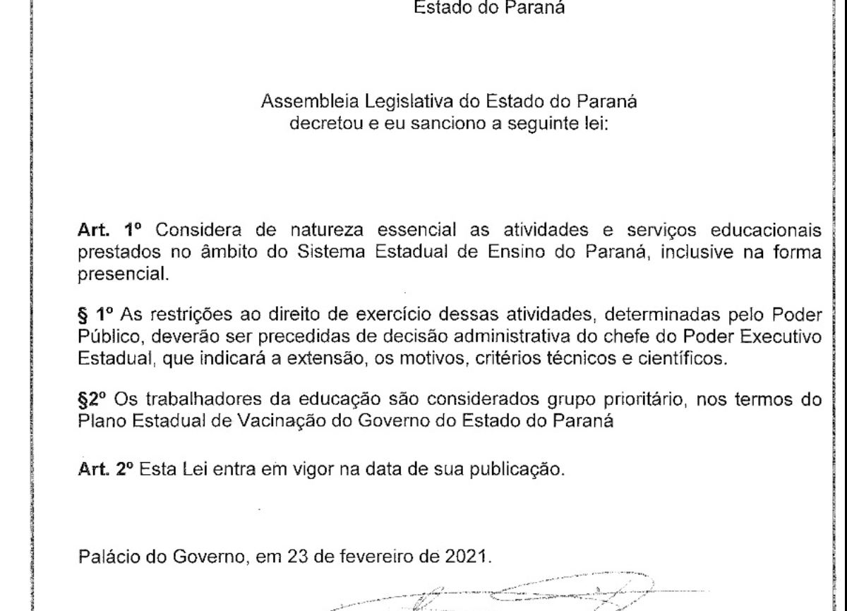 Governador Ratinho Junior sanciona lei que torna educação atividade essencial no Paraná 